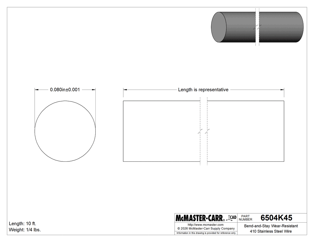 Technical Drawing of Bend-and-Stay Wear-Resistant 410 Stainless Steel Wire, Matte Finish, 1/4-lb. Coil, 0.08" Diameter.
